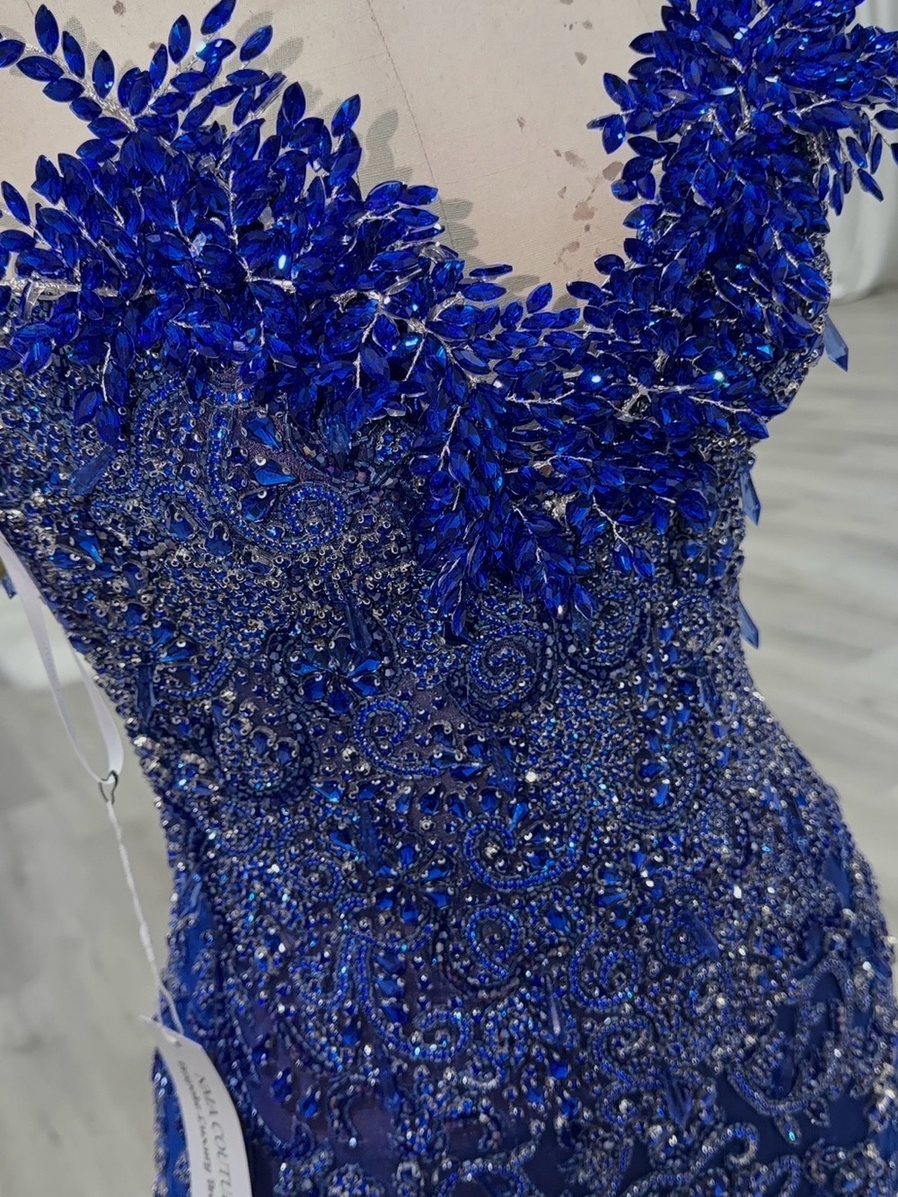 Elegant Beaded Cobalt Blue Prom Dress with Floral Appliqué